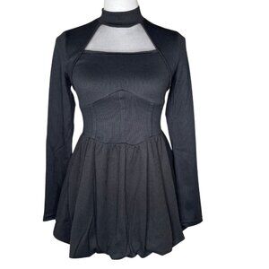 Free Style Women's Long Sleeve Bubble Hem Mini Dress Black Goth Retro Corset